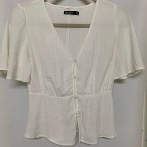 White Bershka crop button up peasant top